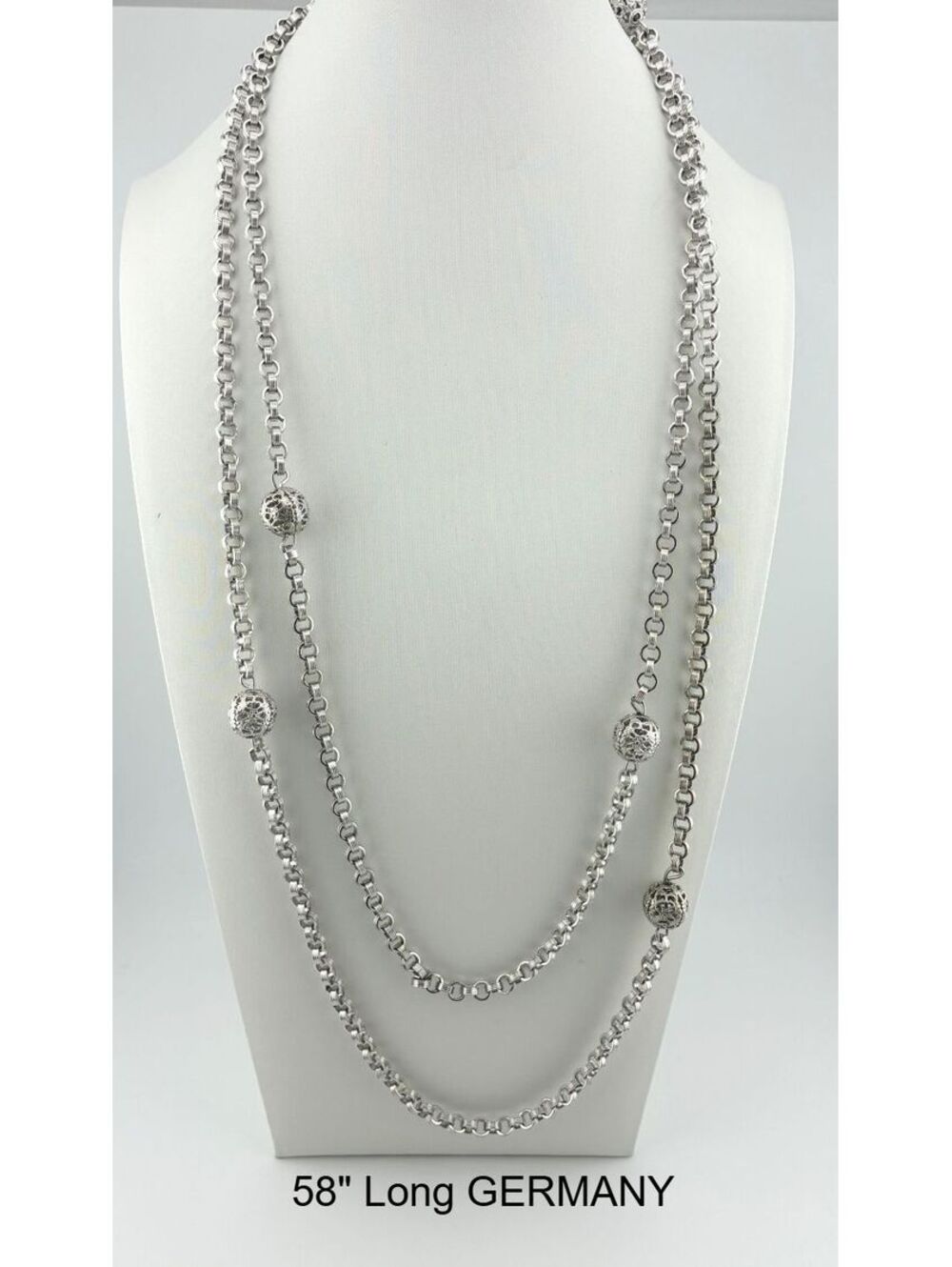 Vintage 58" Long Silver Tone Chain Necklace with Filigree Beads from Germany
